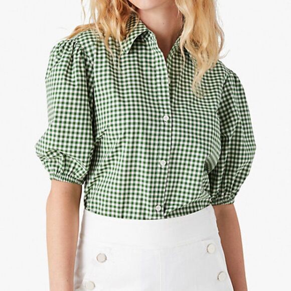 NWT kate spade mini gingham button-front shirt, Green & White - Picture 1 of 16